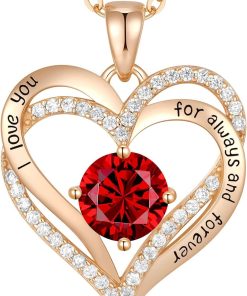 Forever Love Heart Sterling Silver Pendant Necklace Birthstone Crystals Rose Gold-01-Jan