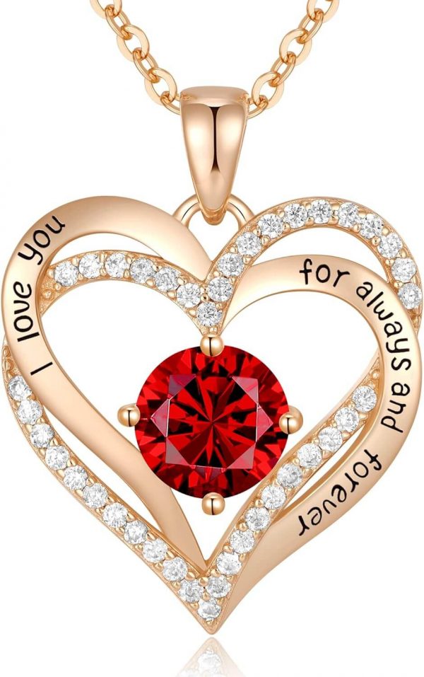 Forever Love Heart Sterling Silver Pendant Necklace Birthstone Crystals Rose Gold-01-Jan