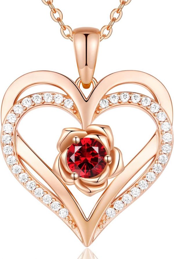 Forever Love Heart Sterling Silver Pendant Necklace Birthstone Crystals Rose Gold Plated