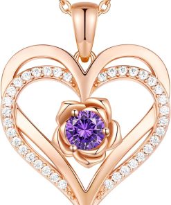 Forever Love Heart Sterling Silver Pendant Necklace Birthstone Crystals Rose Gold Plated