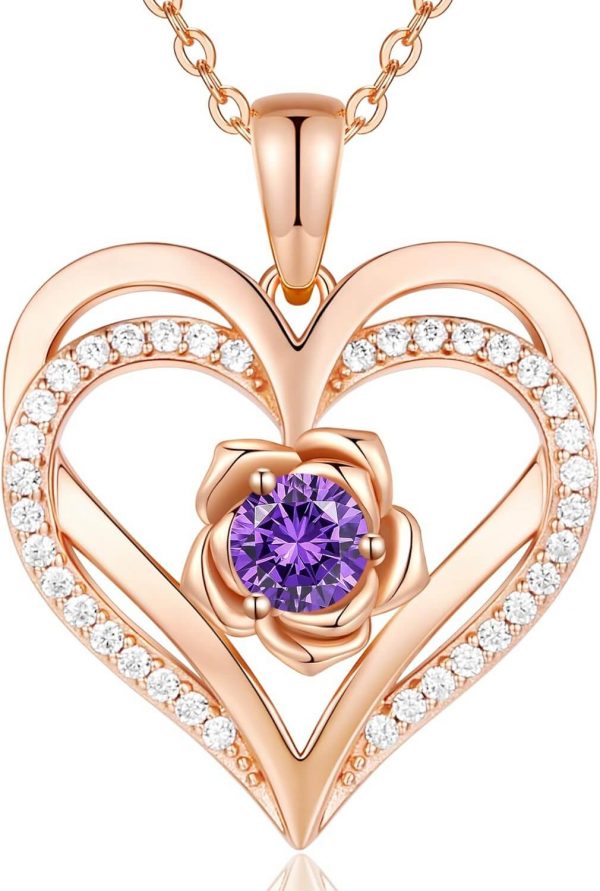 Forever Love Heart Sterling Silver Pendant Necklace Birthstone Crystals Rose Gold Plated