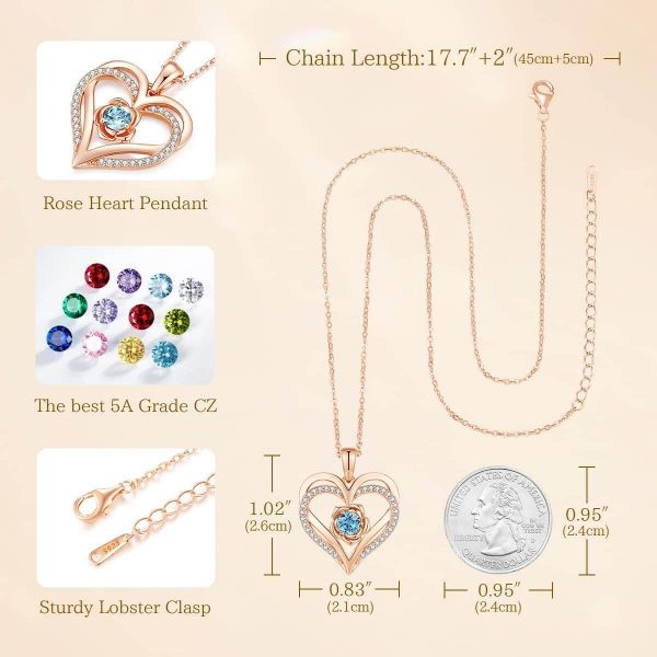 Forever Love Heart Sterling Silver Pendant Necklace Birthstone Crystals Rose Gold Plated