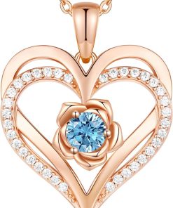 Forever Love Heart Sterling Silver Pendant Necklace Birthstone Crystals Rose Gold Plated