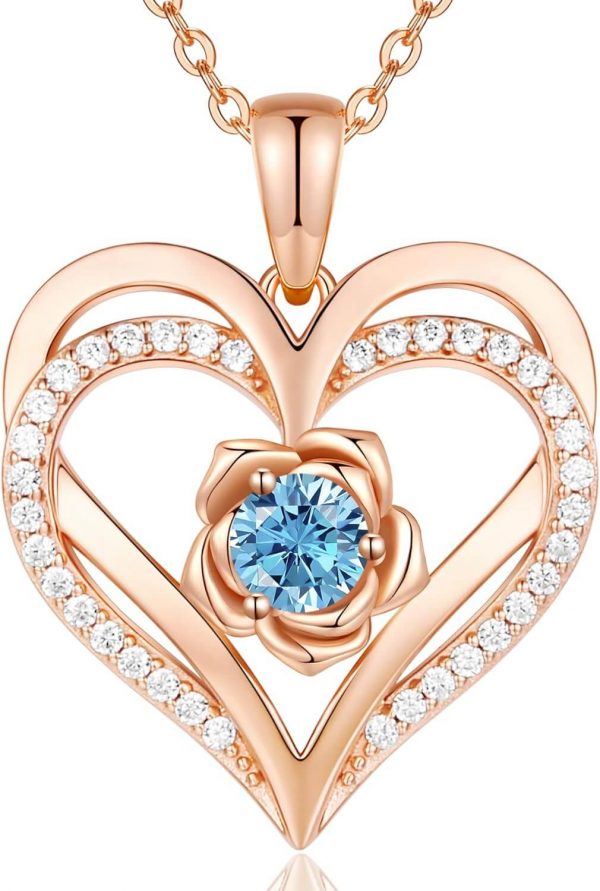 Forever Love Heart Sterling Silver Pendant Necklace Birthstone Crystals Rose Gold Plated