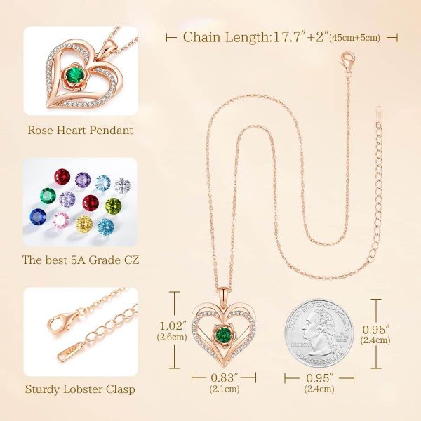 Forever Love Heart Sterling Silver Pendant Necklace Birthstone Crystals Rose Gold Plated