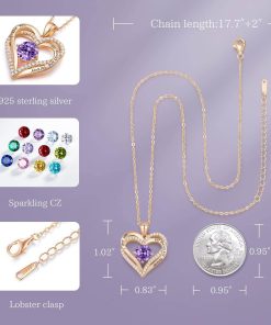 Forever Love Heart Sterling Silver Pendant Necklace Birthstone CrystalsRose Gold-02-Feb