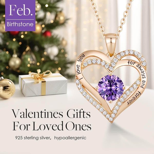 Forever Love Heart Sterling Silver Pendant Necklace Birthstone CrystalsRose Gold-02-Feb