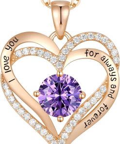 Forever Love Heart Sterling Silver Pendant Necklace Birthstone CrystalsRose Gold-02-Feb