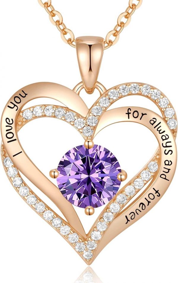 Forever Love Heart Sterling Silver Pendant Necklace Birthstone CrystalsRose Gold-02-Feb