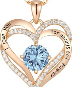 Forever Love Heart Sterling Silver Pendant Necklace Birthstone CrystalsRose Gold-03-Mar