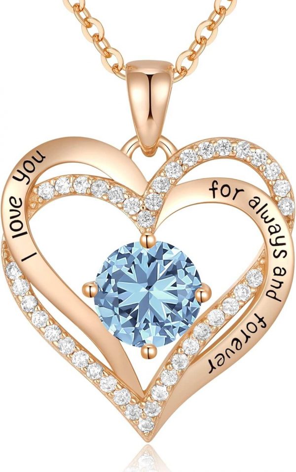 Forever Love Heart Sterling Silver Pendant Necklace Birthstone CrystalsRose Gold-03-Mar