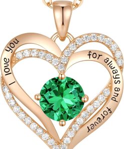 Forever Love Heart Sterling Silver Pendant Necklace Birthstone CrystalsRose Gold-05-May