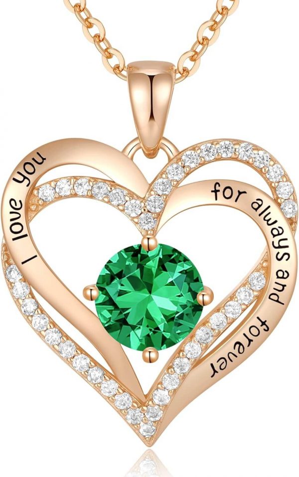 Forever Love Heart Sterling Silver Pendant Necklace Birthstone CrystalsRose Gold-05-May