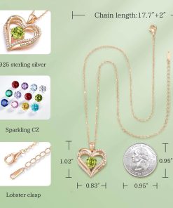 Forever Love Heart Sterling Silver Pendant Necklace Birthstone CrystalsRose Gold-08-Aug