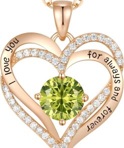Forever Love Heart Sterling Silver Pendant Necklace Birthstone CrystalsRose Gold-08-Aug