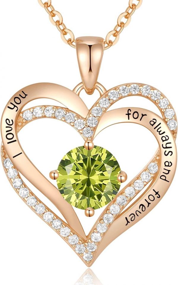 Forever Love Heart Sterling Silver Pendant Necklace Birthstone CrystalsRose Gold-08-Aug