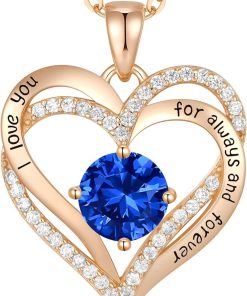 Forever Love Heart Sterling Silver Pendant Necklace Birthstone CrystalsRose Gold-09-Sept