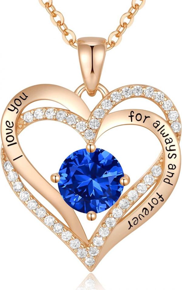 Forever Love Heart Sterling Silver Pendant Necklace Birthstone CrystalsRose Gold-09-Sept