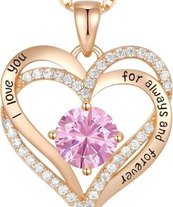 Forever Love Heart Sterling Silver Pendant Necklace Birthstone CrystalsRose Gold-10-Oct