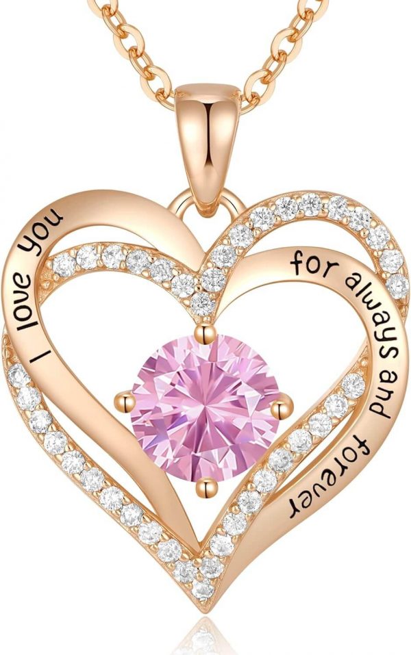 Forever Love Heart Sterling Silver Pendant Necklace Birthstone CrystalsRose Gold-10-Oct