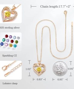 Forever Love Heart Sterling Silver Pendant Necklace Birthstone CrystalsRose Gold-11-Nov
