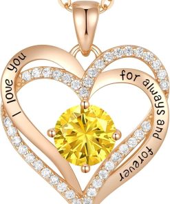 Forever Love Heart Sterling Silver Pendant Necklace Birthstone CrystalsRose Gold-11-Nov