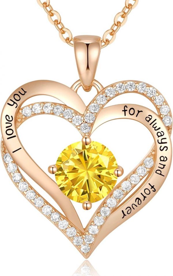 Forever Love Heart Sterling Silver Pendant Necklace Birthstone CrystalsRose Gold-11-Nov