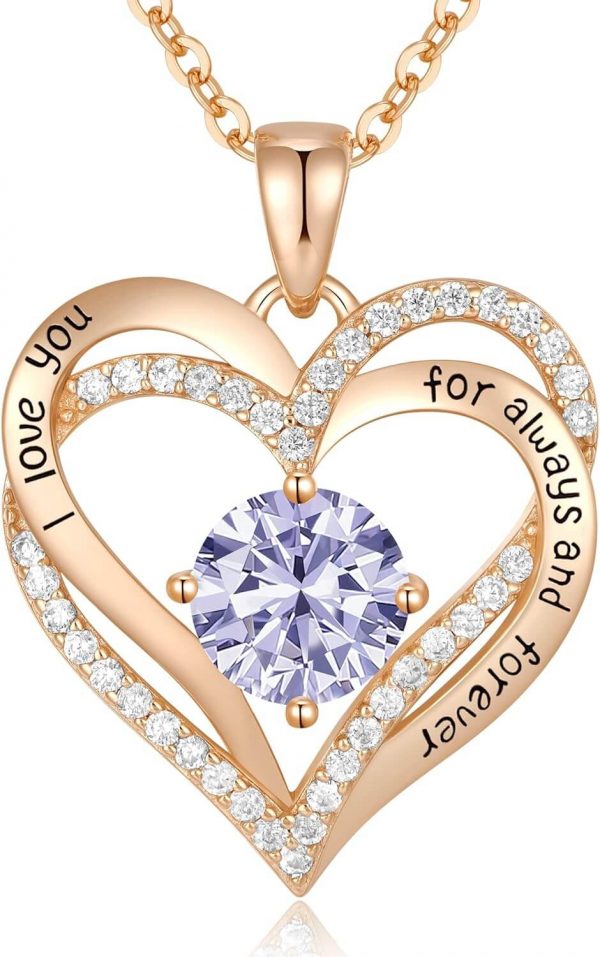 Forever Love Heart Sterling Silver Pendant Necklace Birthstone CrystalsRose Gold