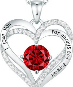 Forever Love Heart Sterling Silver Pendant Necklace Birthstone CrystalsSliver-01-Jan