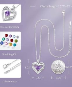 Forever Love Heart Sterling Silver Pendant Necklace Birthstone CrystalsSliver-02-Feb