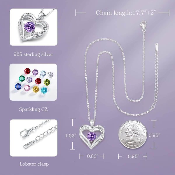 Forever Love Heart Sterling Silver Pendant Necklace Birthstone CrystalsSliver-02-Feb