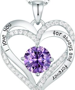Forever Love Heart Sterling Silver Pendant Necklace Birthstone CrystalsSliver-02-Feb