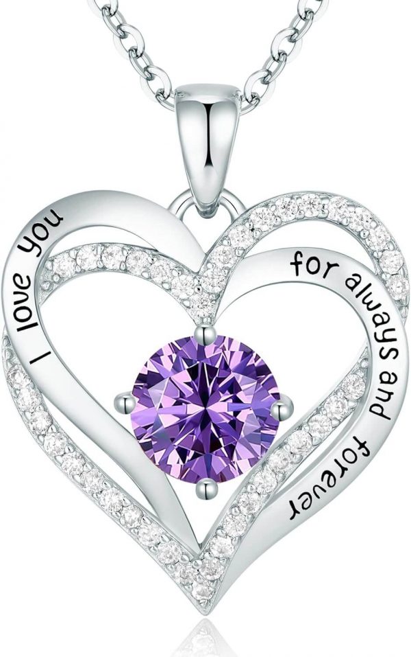 Forever Love Heart Sterling Silver Pendant Necklace Birthstone CrystalsSliver-02-Feb