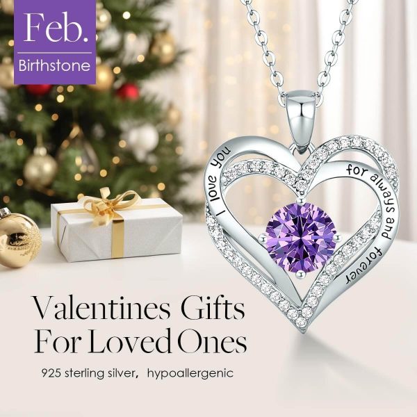 Forever Love Heart Sterling Silver Pendant Necklace Birthstone CrystalsSliver-02-Feb