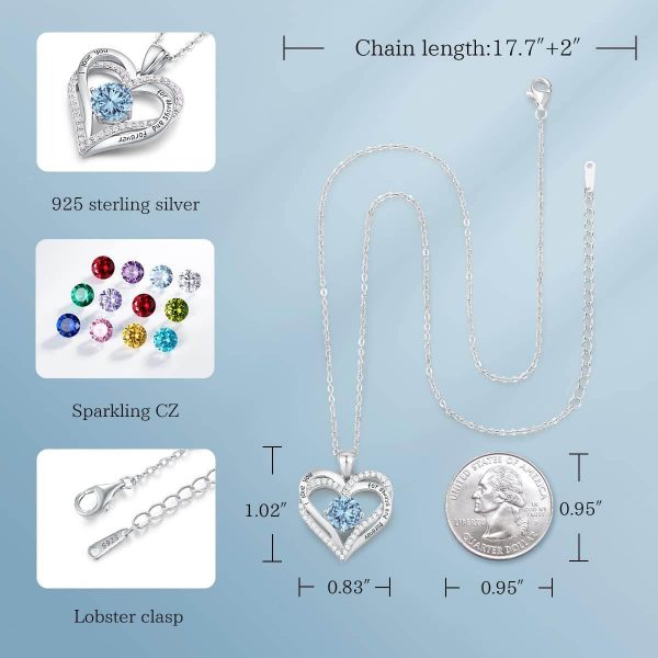 Forever Love Heart Sterling Silver Pendant Necklace Birthstone CrystalsSliver-03-Mar