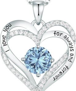Forever Love Heart Sterling Silver Pendant Necklace Birthstone CrystalsSliver-03-Mar