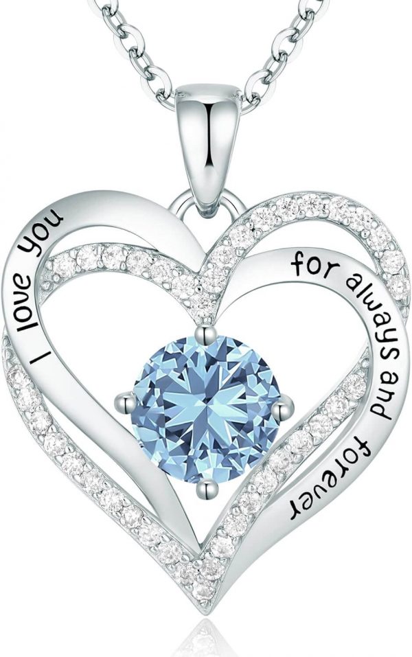 Forever Love Heart Sterling Silver Pendant Necklace Birthstone CrystalsSliver-03-Mar