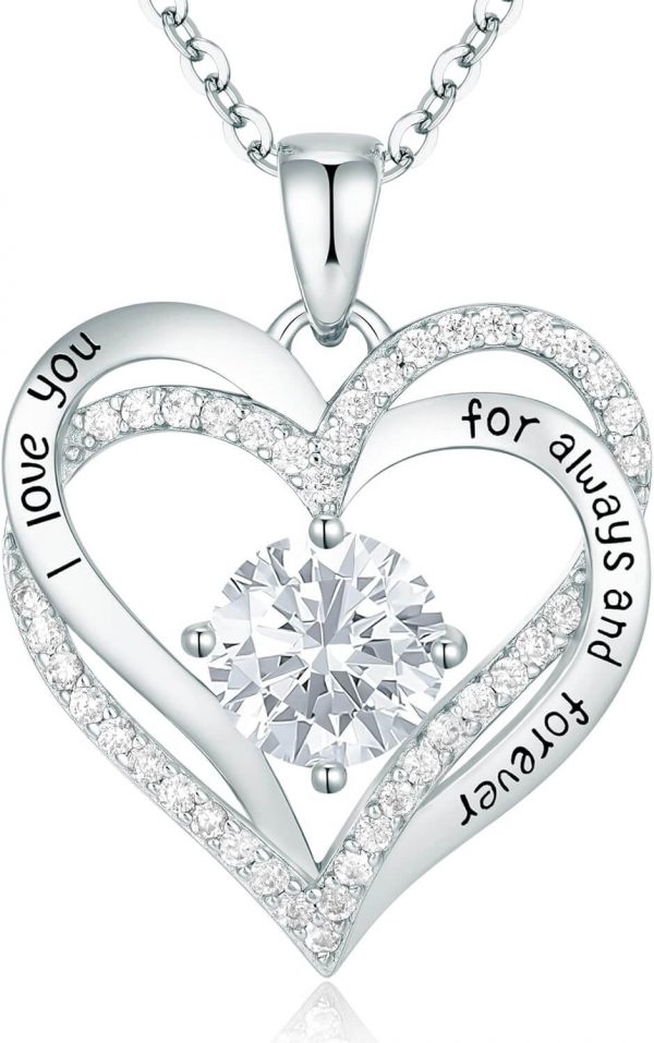 Forever Love Heart Sterling Silver Pendant Necklace Birthstone CrystalsSliver-04-Apr