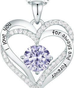 Forever Love Heart Sterling Silver Pendant Necklace Birthstone CrystalsSliver-06-Jun