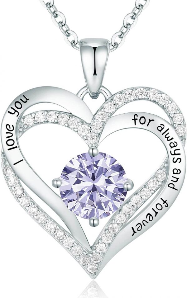 Forever Love Heart Sterling Silver Pendant Necklace Birthstone CrystalsSliver-06-Jun