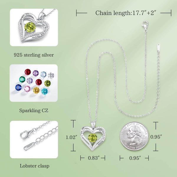 Forever Love Heart Sterling Silver Pendant Necklace Birthstone CrystalsSliver-08-Aug