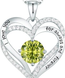 Forever Love Heart Sterling Silver Pendant Necklace Birthstone CrystalsSliver-08-Aug