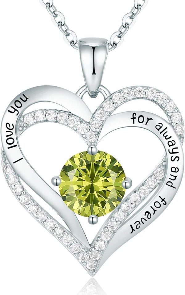 Forever Love Heart Sterling Silver Pendant Necklace Birthstone CrystalsSliver-08-Aug