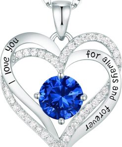 Forever Love Heart Sterling Silver Pendant Necklace Birthstone CrystalsRose Gold-09-Sept