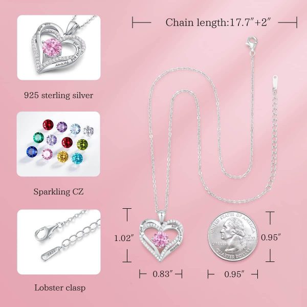 Forever Love Heart Sterling Silver Pendant Necklace Birthstone CrystalsSliver-10-Oct