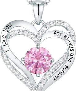 Forever Love Heart Sterling Silver Pendant Necklace Birthstone CrystalsSliver-10-Oct