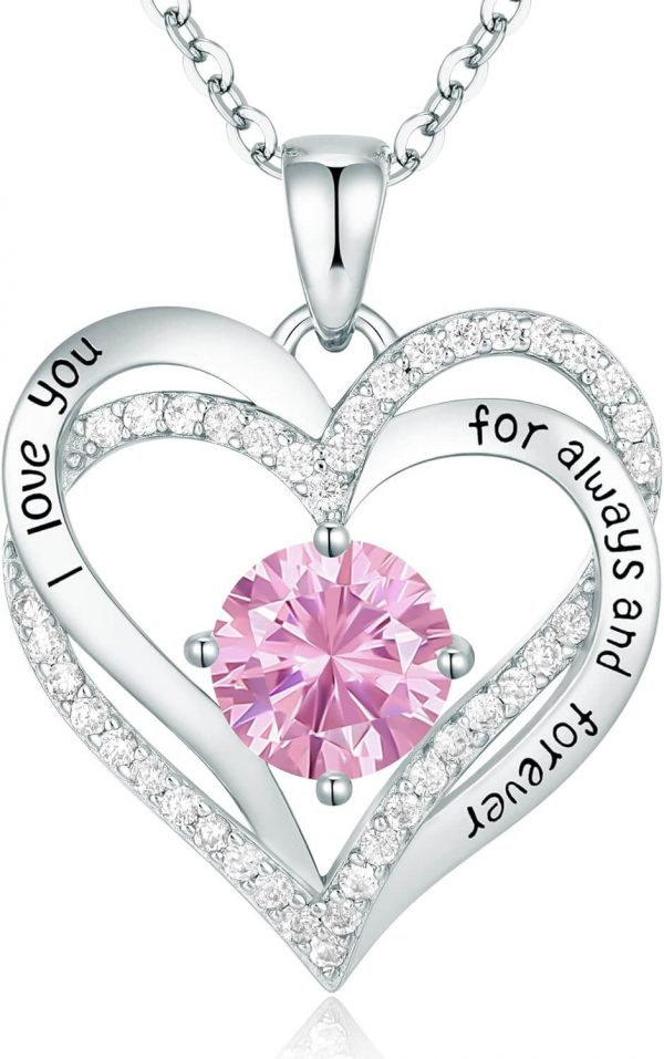 Forever Love Heart Sterling Silver Pendant Necklace Birthstone CrystalsSliver-10-Oct