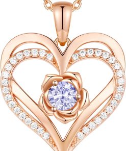 Forever Love Heart Sterling Silver Pendant Necklace Birthstone Crystals Rose Gold Plated-June