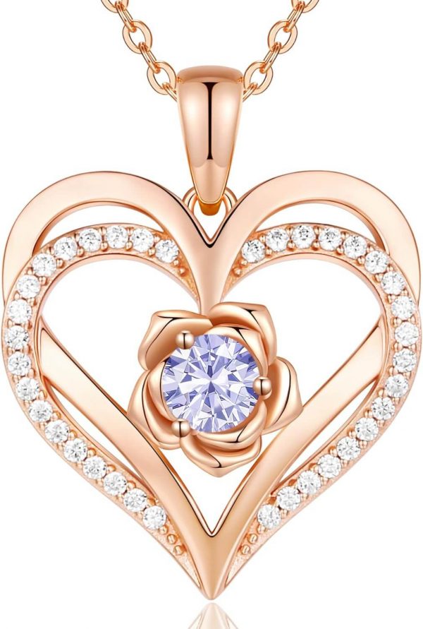 Forever Love Heart Sterling Silver Pendant Necklace Birthstone Crystals Rose Gold Plated-June